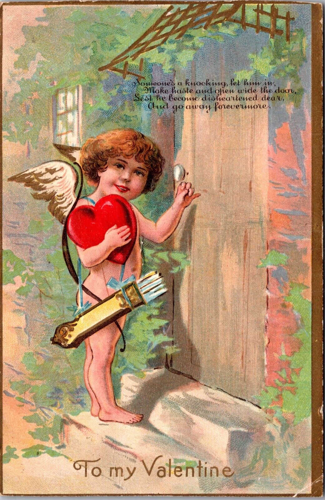 Valentine Postcard Cupid Cherub with Bow, Arrow and Heart Knocking on Door