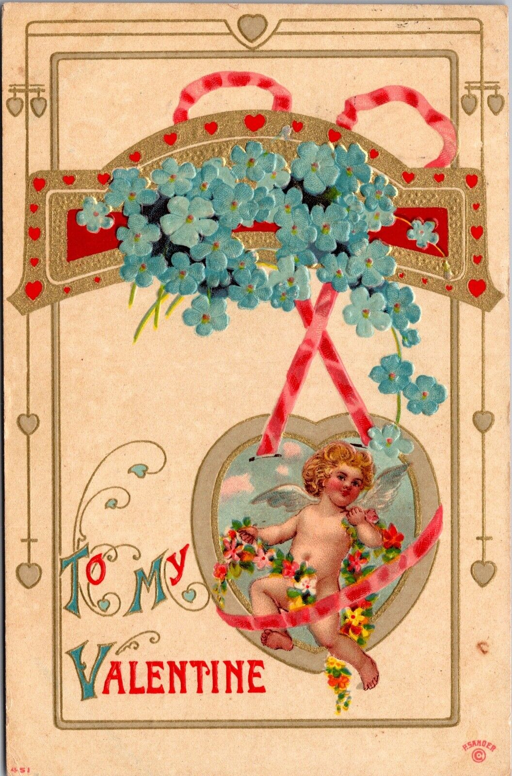 Valentine Postcard Cupid Flowers Hearts Forget-Me-Not