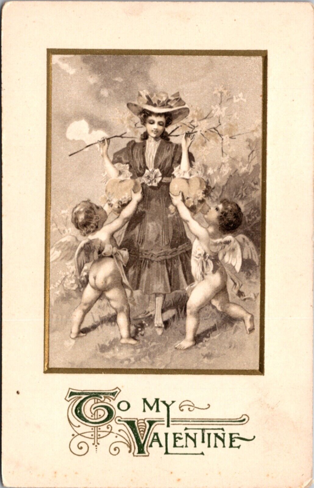 The My Valentine Postcard Cupid Cherubs Giving Victorian Woman Their Hearts