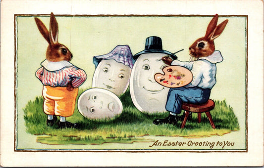 Easter Postcard Dressed Rabbits Painting Eggs with Fantasy Faces