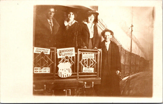 Real Photo Studio Postcard Couples on Train Cheyenne Limited Denver Colorado