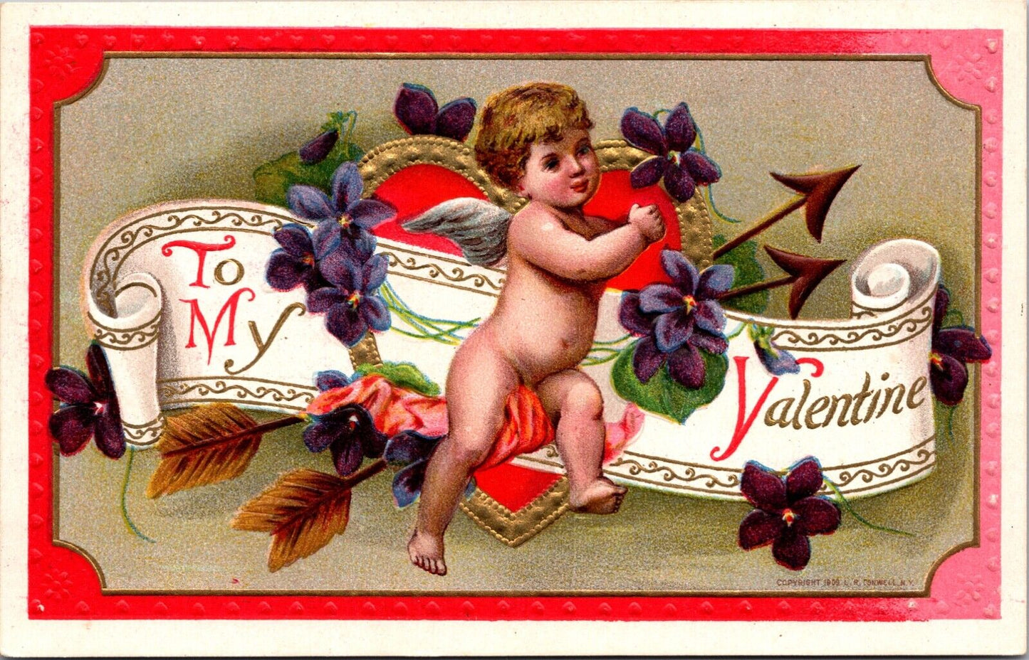 Valentine's Day Postcard Cherub Cupid  with Arrows, Purple Flowers and Heart