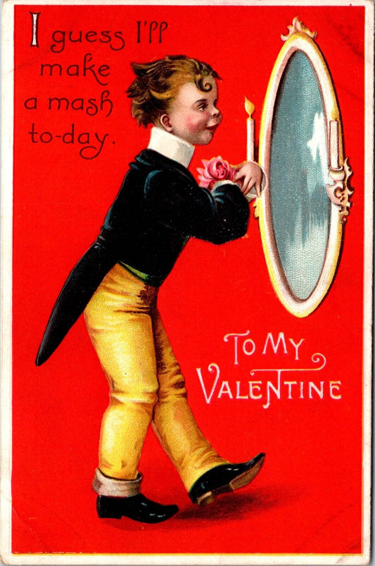 Valentine Postcard Young Boy Wearing Tuxedo Suit Looking Into a Mirror Candles