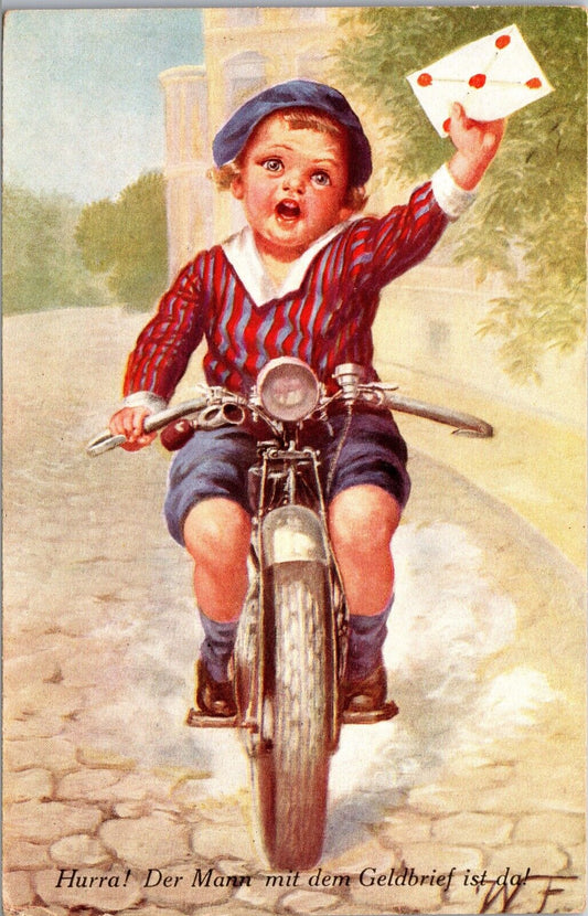 Artwork Postcard Little Boy Riding a Motorcycle Bicycle Delivering Letter Mail