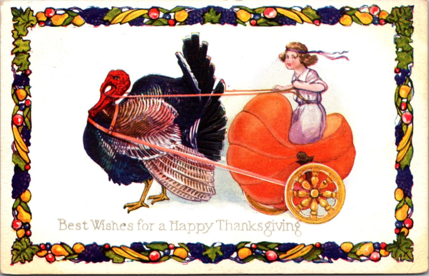 Thanksgiving Postcard Turkey Pulling Woman in a Pumpkin Chariot