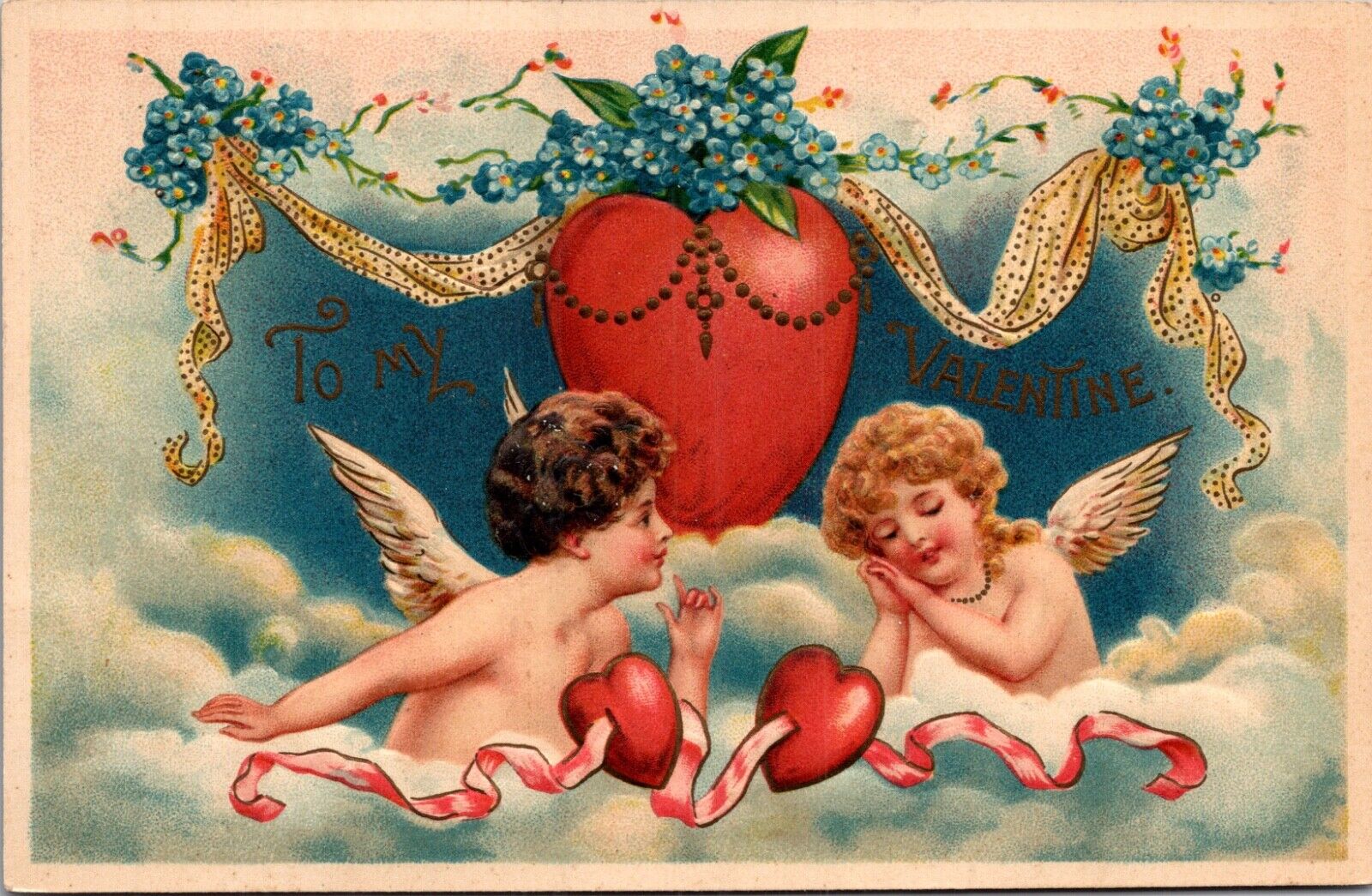 Valentine Postcard Cupid Cherubs Clouds in Sky Heart Ribbon Flowers Romance