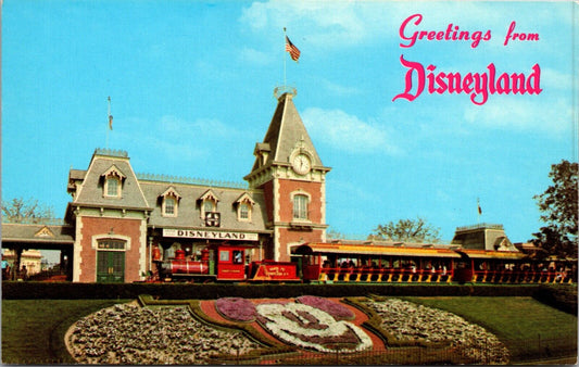 Disneyland Postcard Floral Mickey Mouse and Santa Fe Railroad Train Main Street