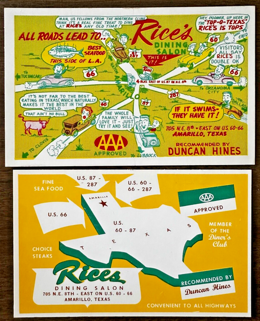 Two Postcards Caricature Map Rice's Dining Salon Route 66 Amarillo, Texas