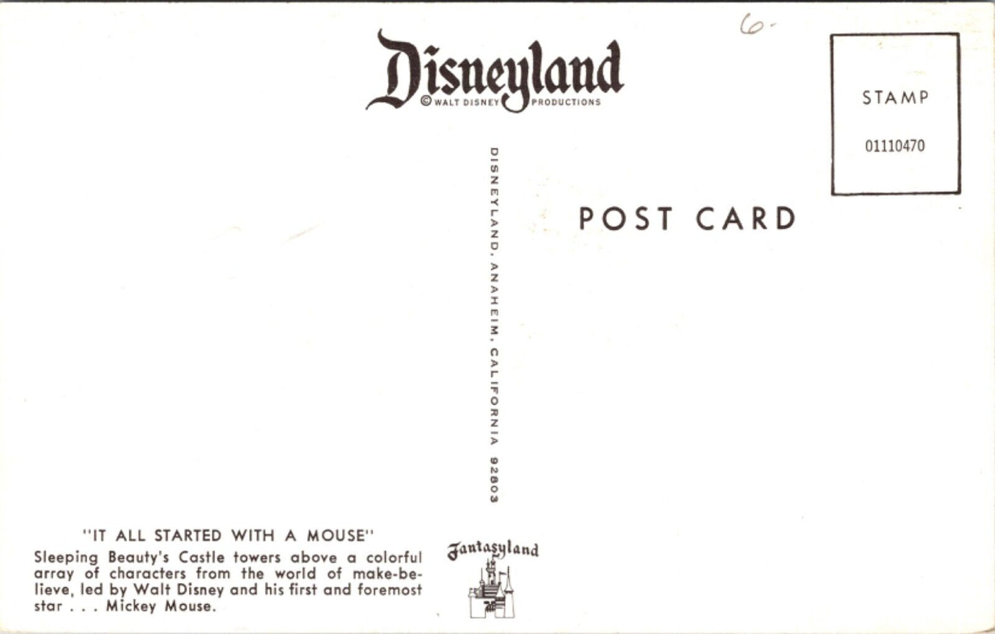 Disneyland Postcard Walt Disney Mickey Mouse Characters Sleeping Beauty Castle