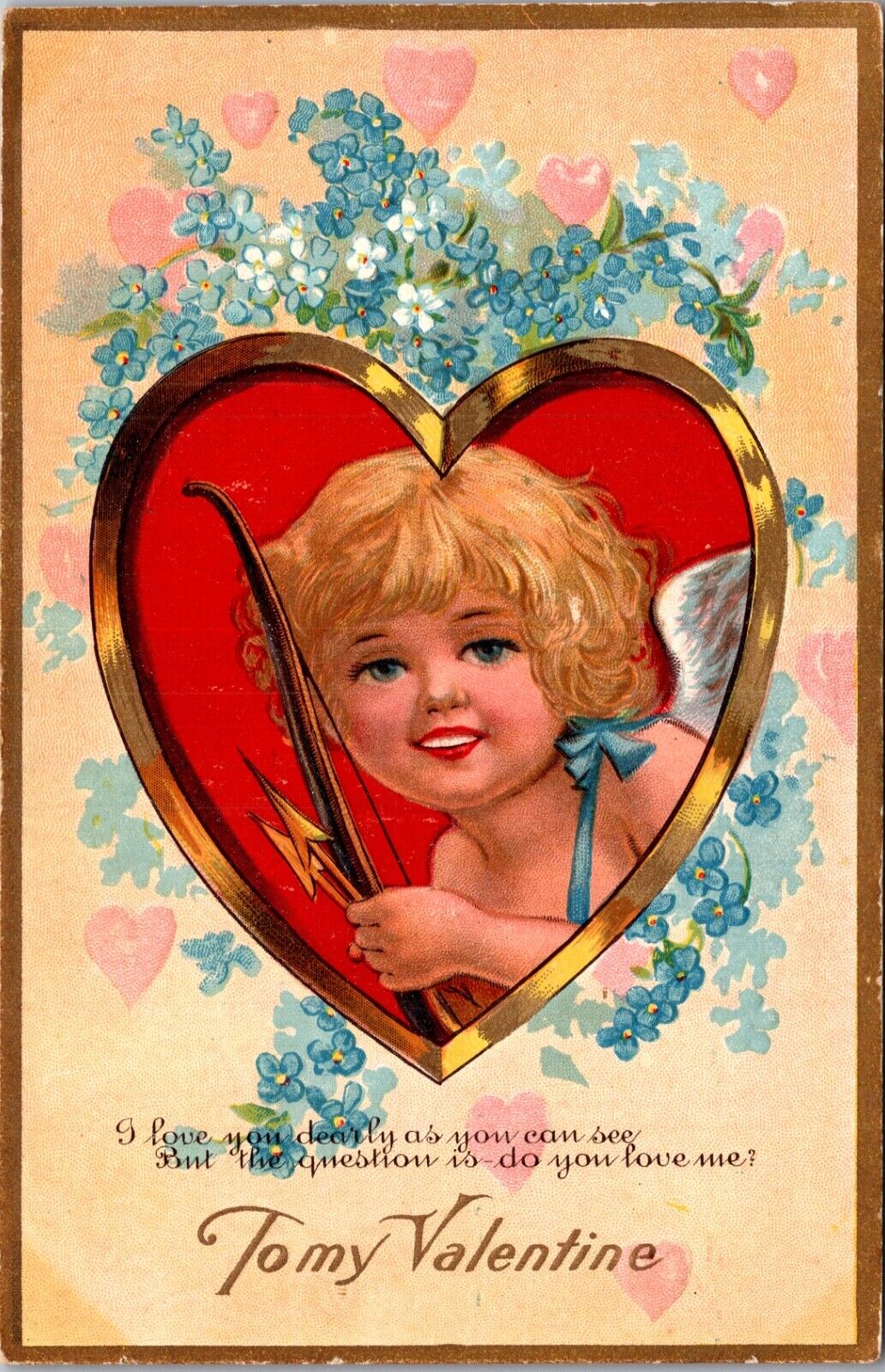 Valentine Postcard Cupid Cherub Portrait Inside Heart Forget-Me-Not Flowers