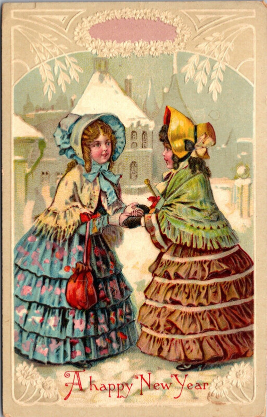 A Happy New Year Postcard Two Victorian Children in the Snow