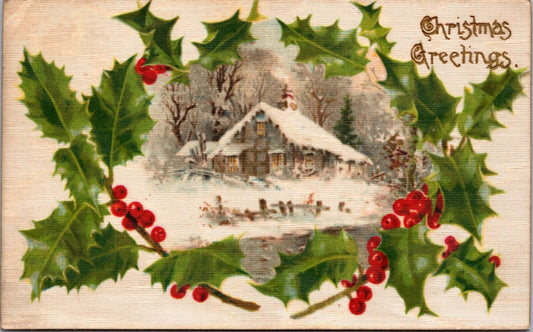 Silk Christmas Greetings Postcard Snow Covered Countryside House and Holly