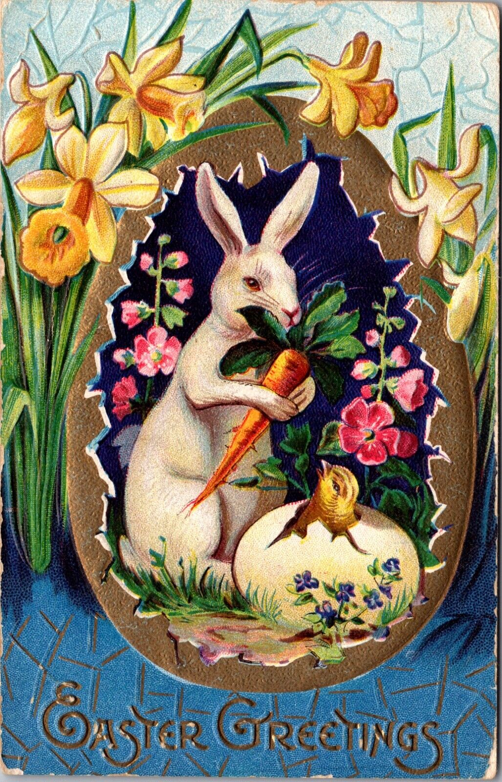 Easter Postcard White Bunny Rabbit Inside of Egg Daffodil Flowers Chick Carrot