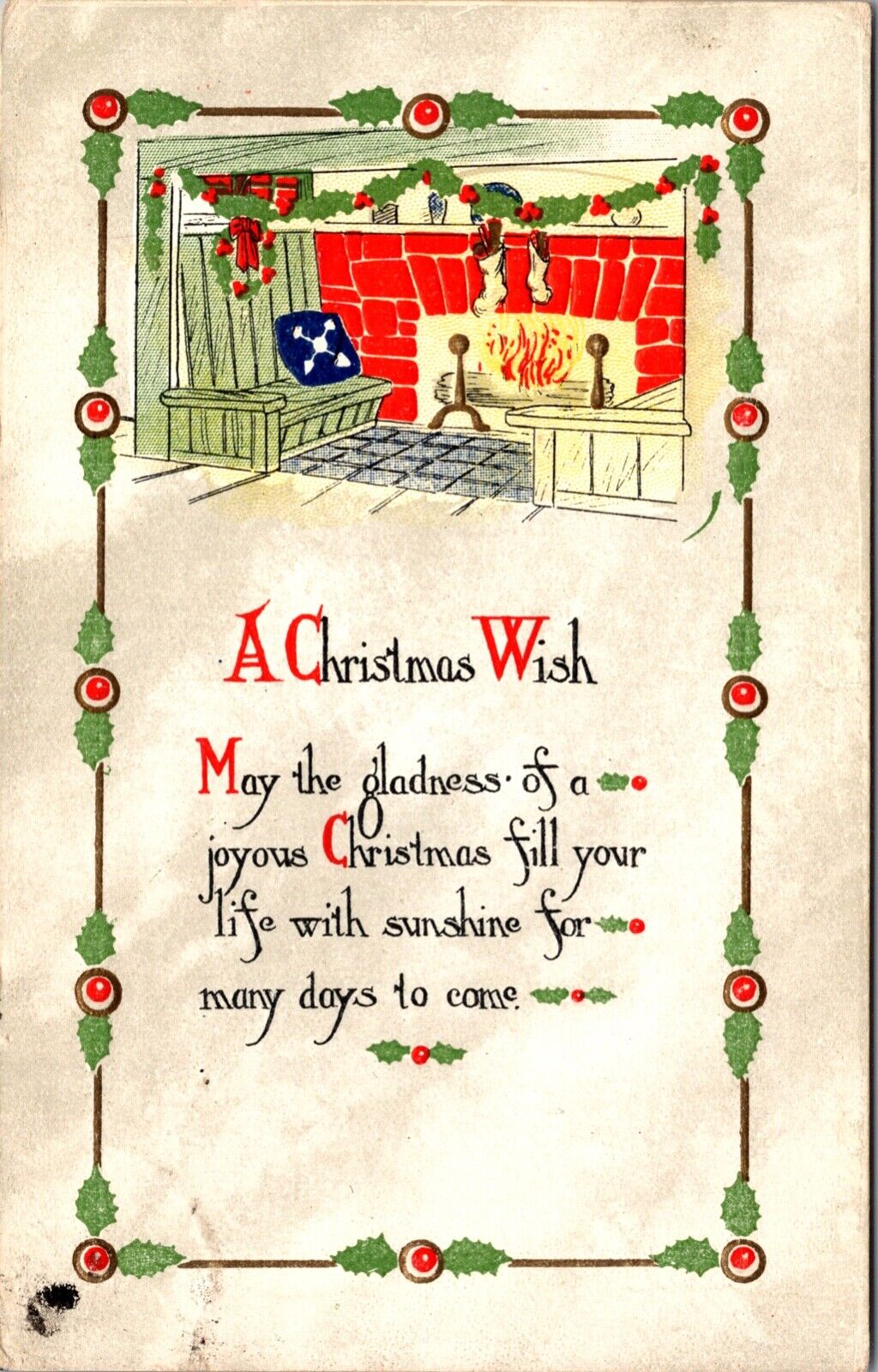 Christmas Wish Poem Postcard Stockings Hung Over Fireplace