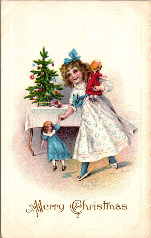 Christmas Postcard Little Girl Playing with Dolls Decorated Tree