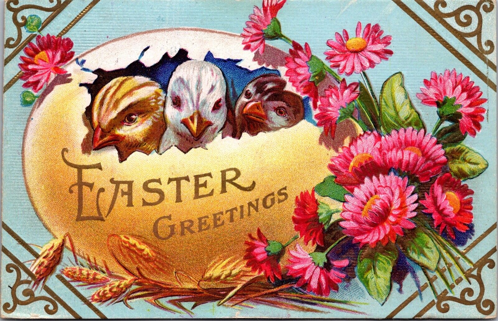 Easter Postcard Three Chicks in One Giant Yellow Egg Shell Flowers~3250