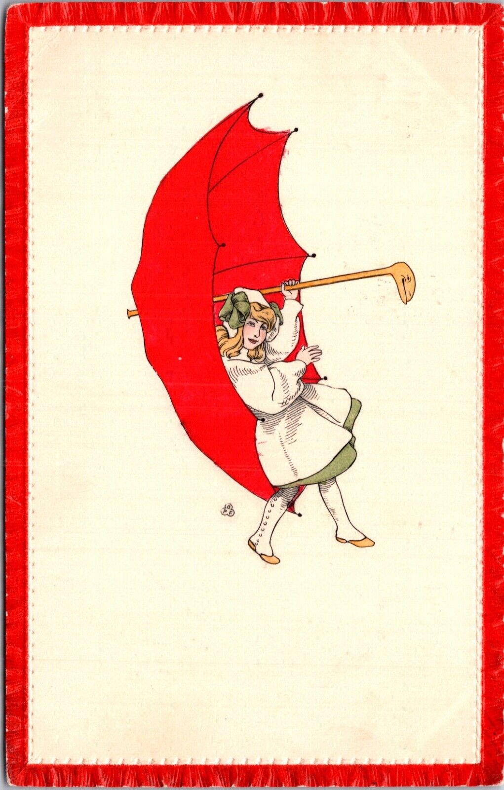 Artwork Postcard Young Girl Giant Red Umbrella Pulled by Wind