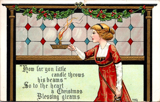 Christmas Postcard Woman Carrying Candle Stained Glass Holly