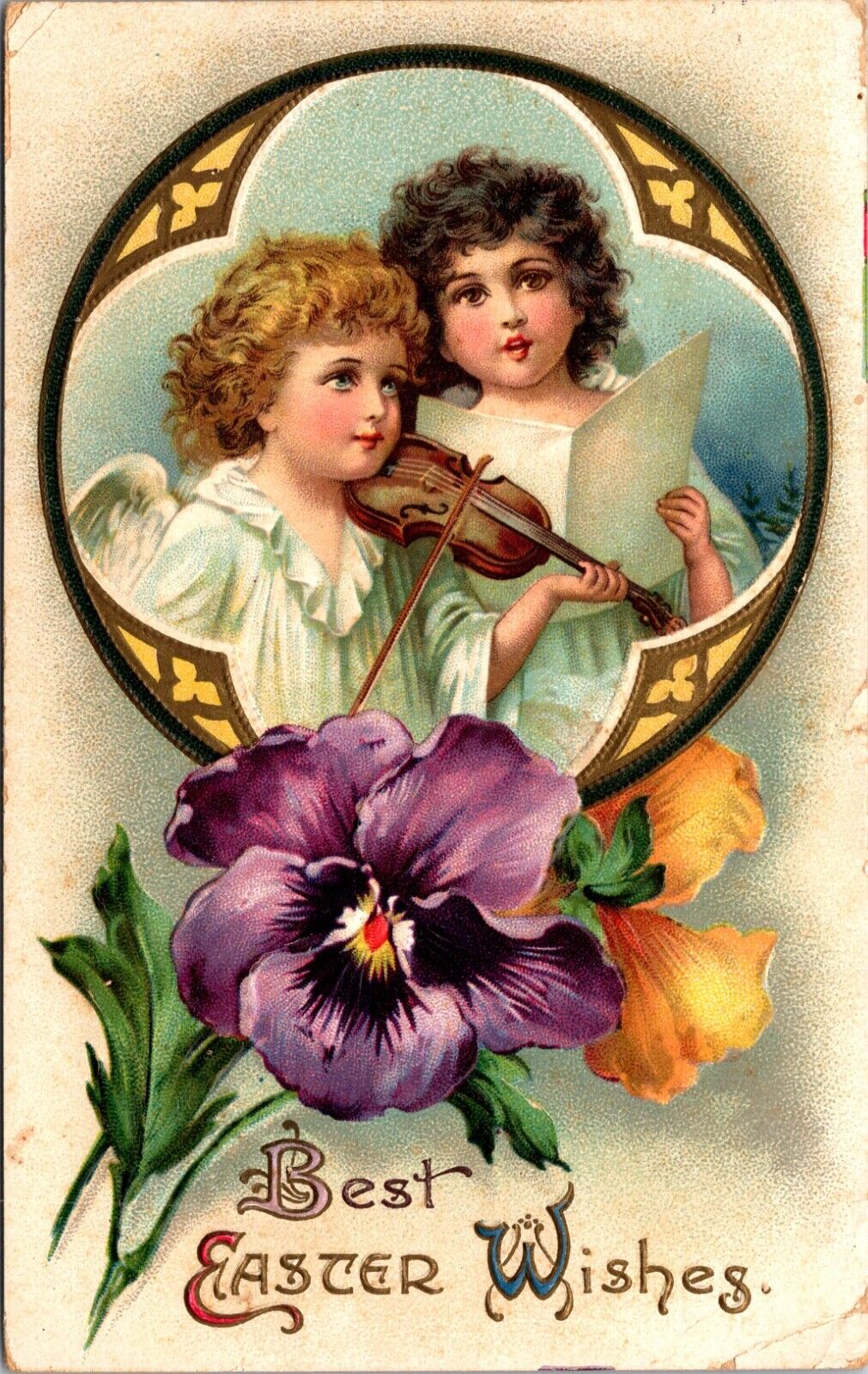 Easter Postcard Child Angels Playing Violin and Reading Sheet Music Pansy Flower