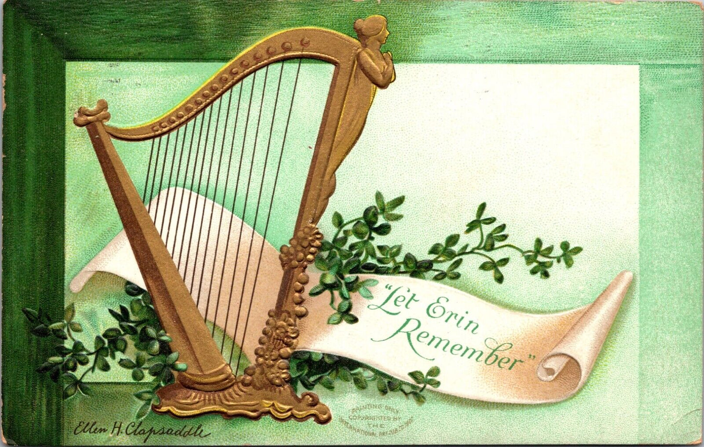 Clapsaddle St. Patrick's Day Postcard Let Erin Remember Celtic Harp