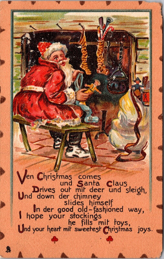 Christmas Postcard Santa Claus Sitting on a Bench Filling Stockings with Toys