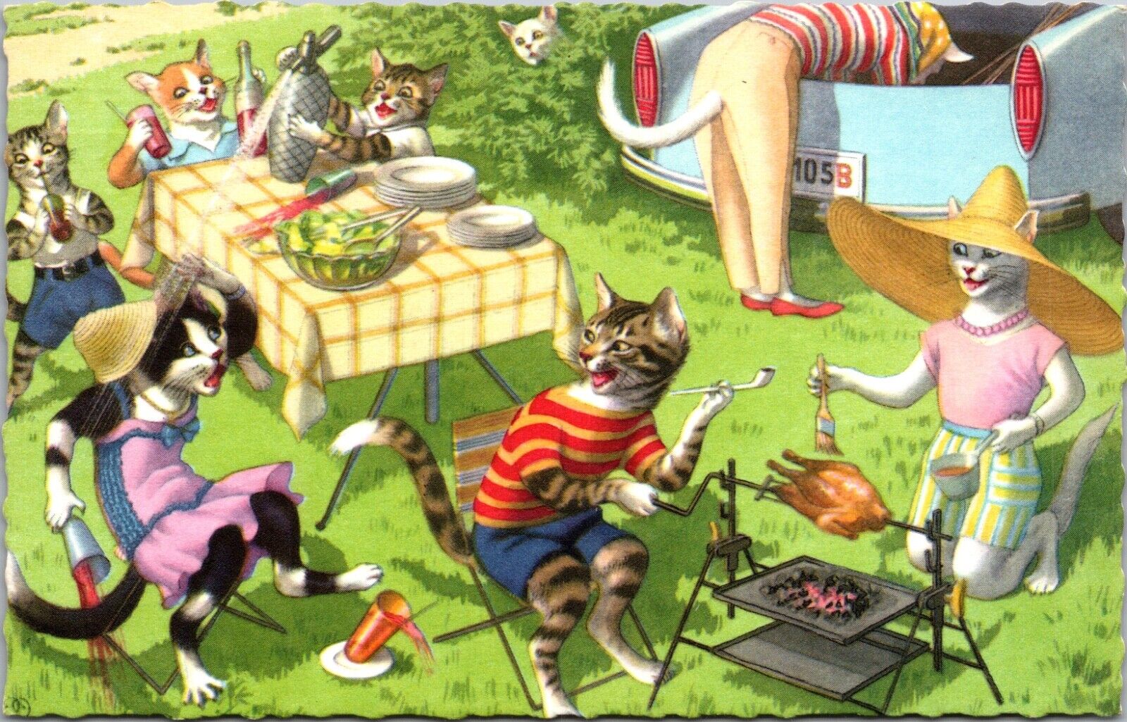 Alfred Mainzer Postcard Dressed Cats Having a Picnic Roasting Chicken