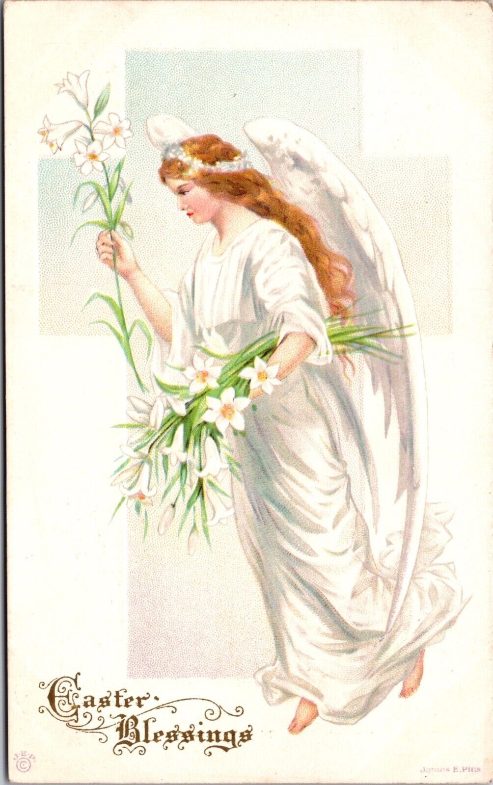 Two Embossed Easter Postcards Angels Flying with Lily Flowers