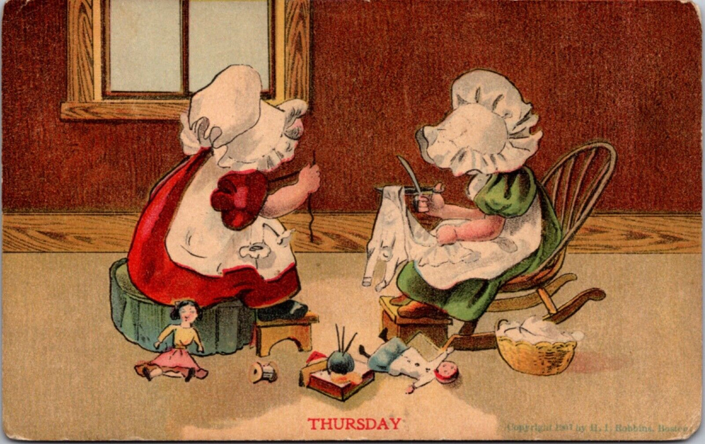 Artwork Postcard Thursday Chores Children Sewing Making Clothes Dolls