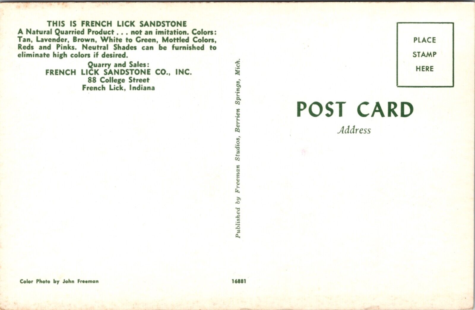 Advertising PC French Lick Sandstone Co 88 College Street French Lick, Indiana