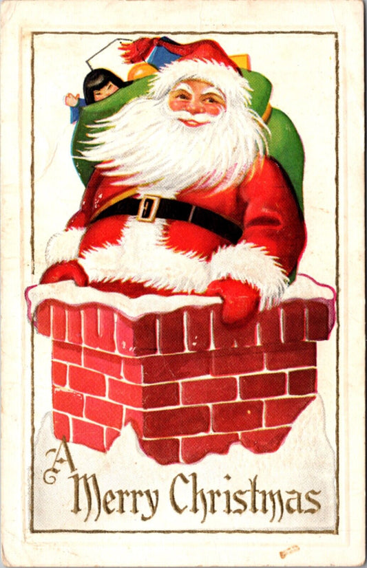 Christmas Postcard Santa Claus with Green Bag of Toys in Chimney