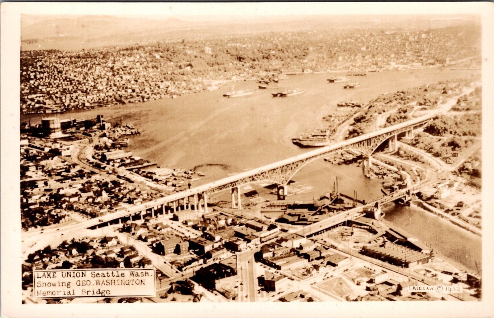 RP Postcard Aerial View Lake Union George Washington Memorial Bridge Seattle