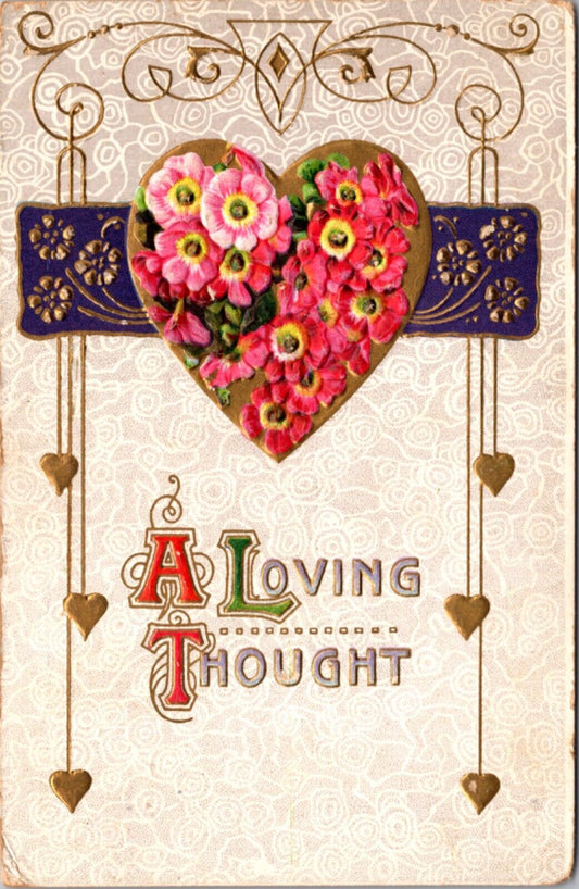 Valentine's Day Postcard Gold Hearts Pink Flowers A Loving Thought