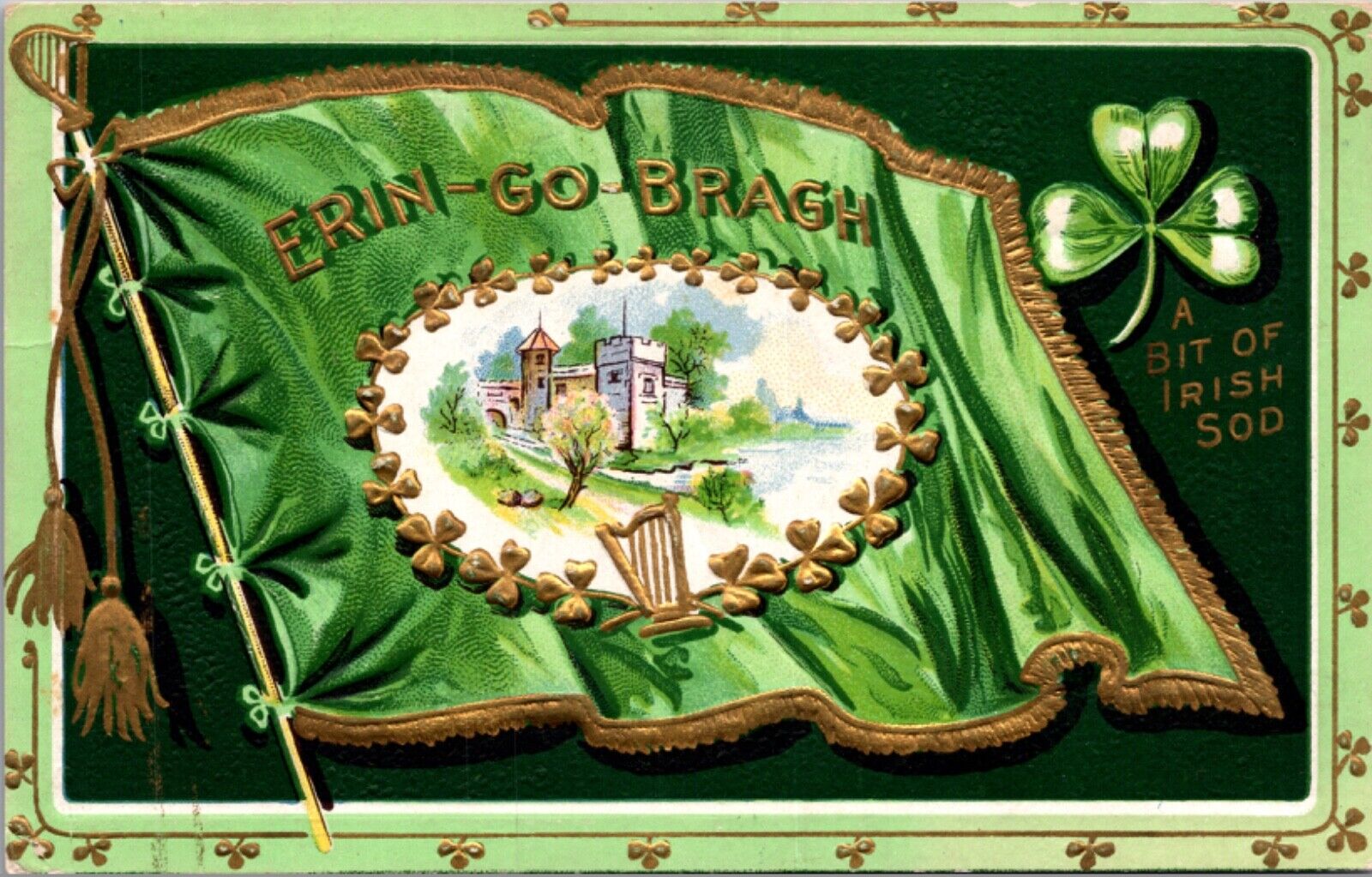 St. Patrick's Day Postcard Erin-Go-Bragh A Bit of Irish Sod Flag Castle Clover