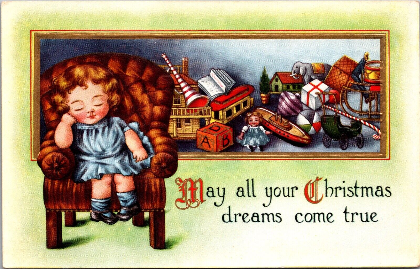 Christmas Postcard Little Girl Asleep in Chair Dreams Come True Toys Doll Boat