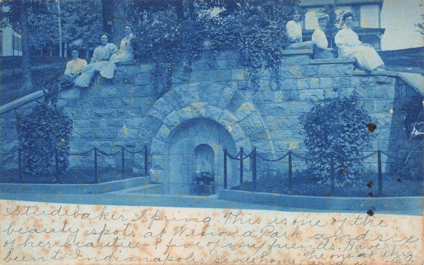 Cyanotype Real Photo Postcard Studebaker Spring at Park Mulberry, Indiana~130722