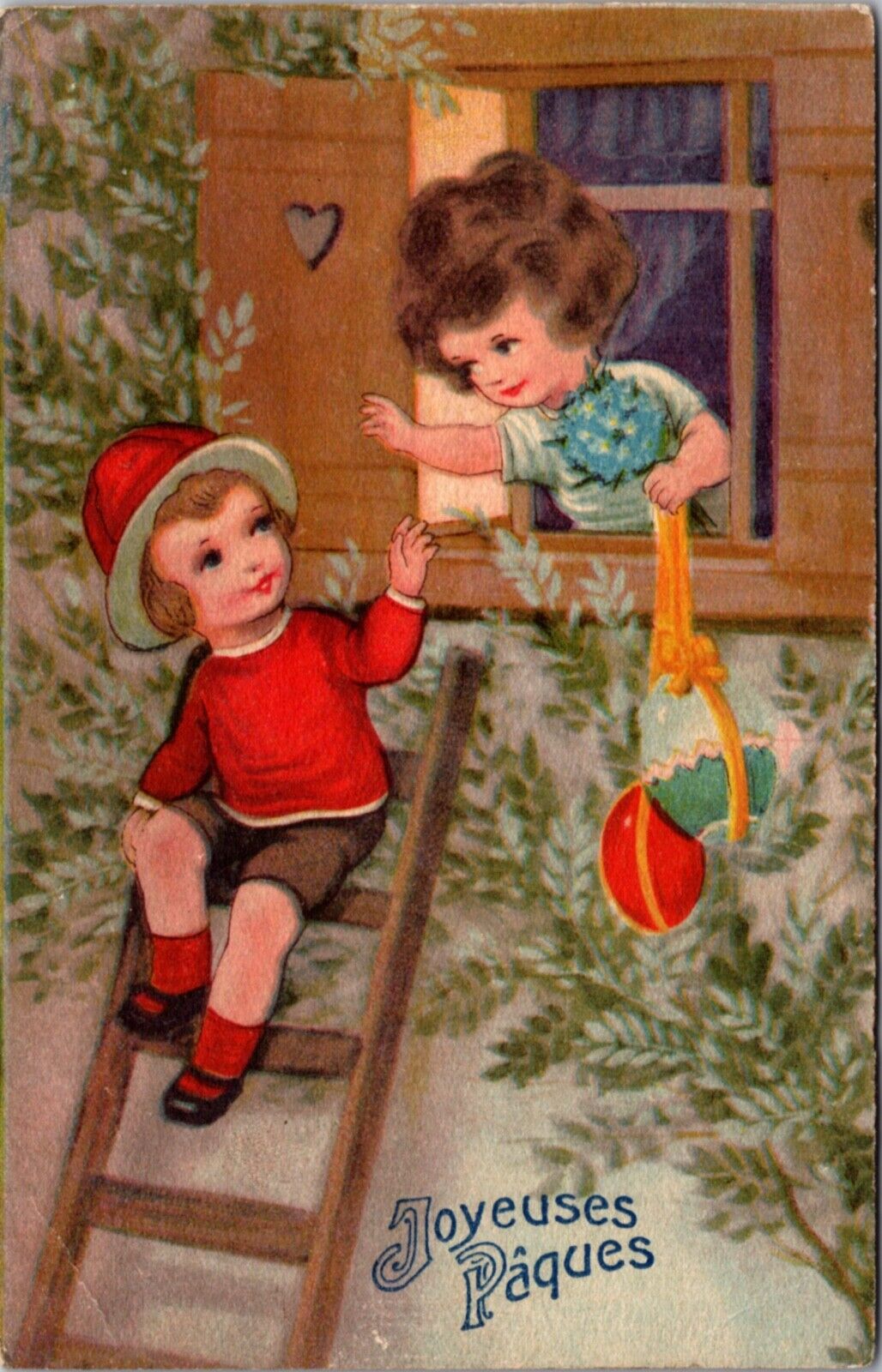 Boriss Easter PC Joyeuses Pâques Boy Climbing Ladder to Give Girl in Window Eggs