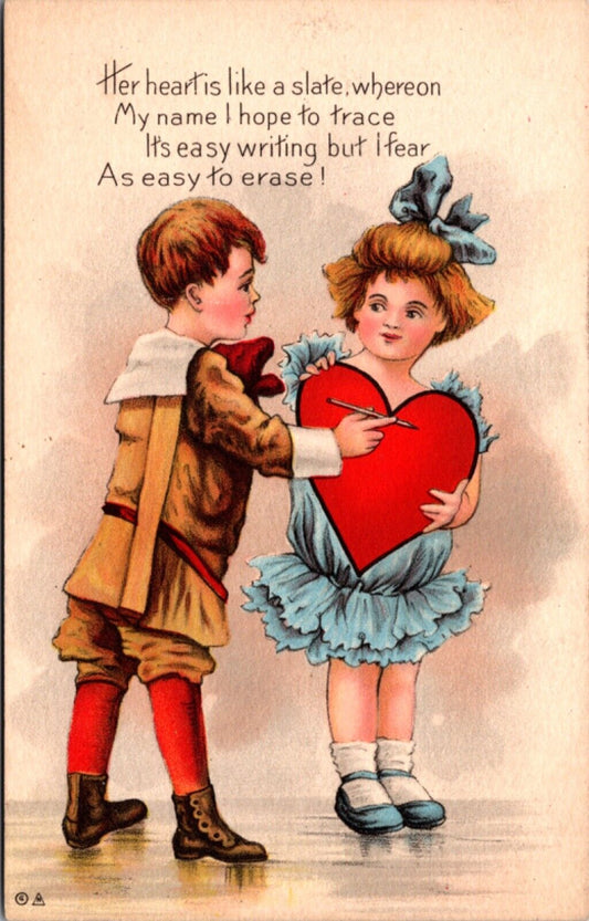 Valentine's Day Postcard Boy Wants to Trace His Name on Heart Girl is Holding