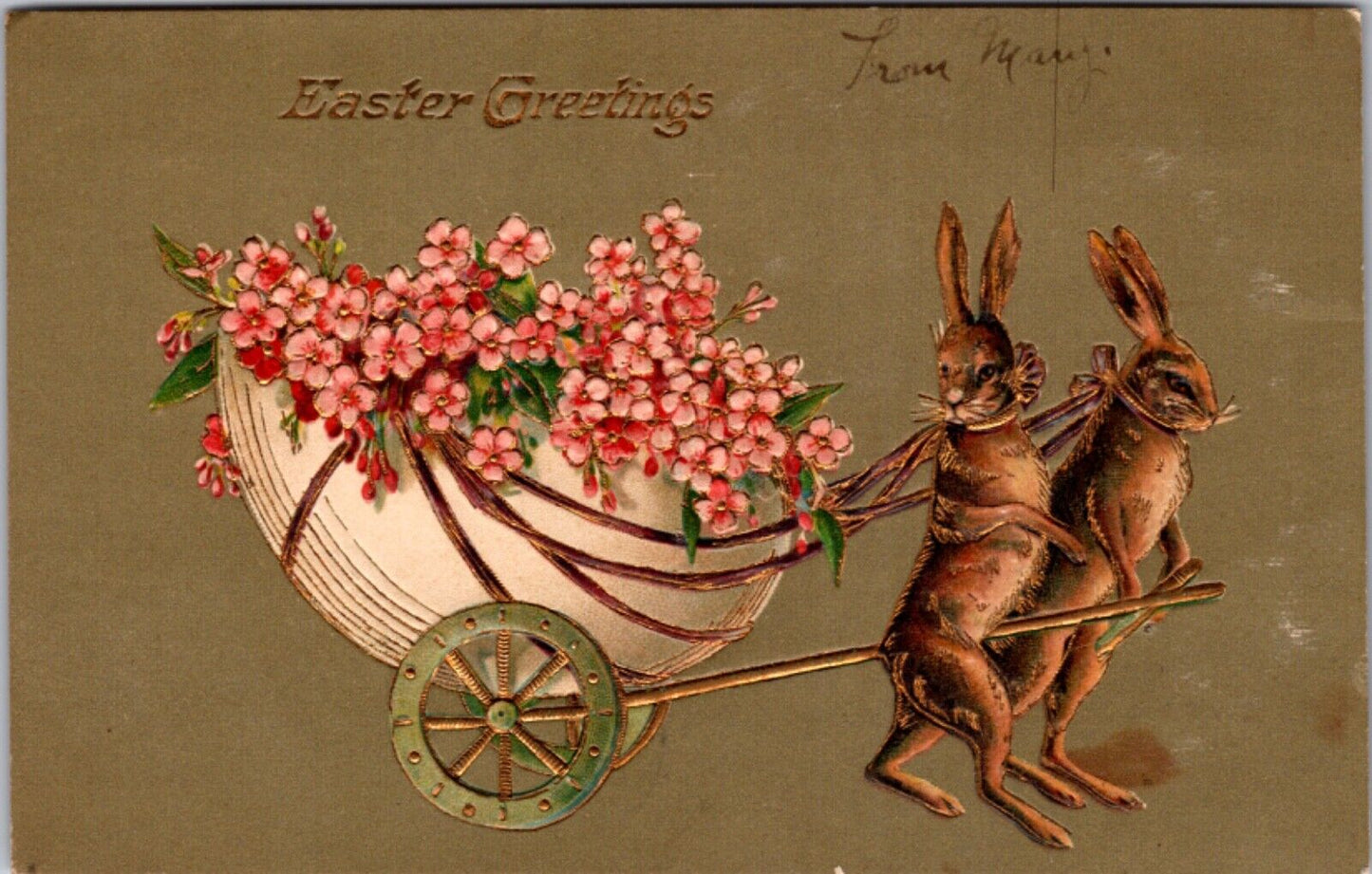 Easter Greetings Postcard Two Bunny Rabbits Pulling Eggshell Filled with Flowers