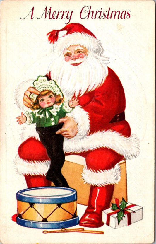 Christmas Postcard Santa Claus Stuffing a Doll Into a Stocking