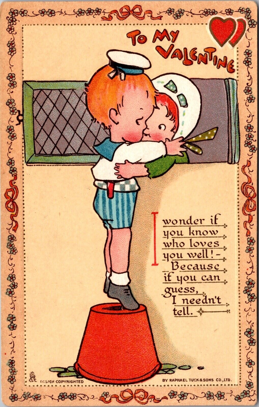 Valentine Postcard Little Boy Standing on a Pot to Kiss Girl Through Window