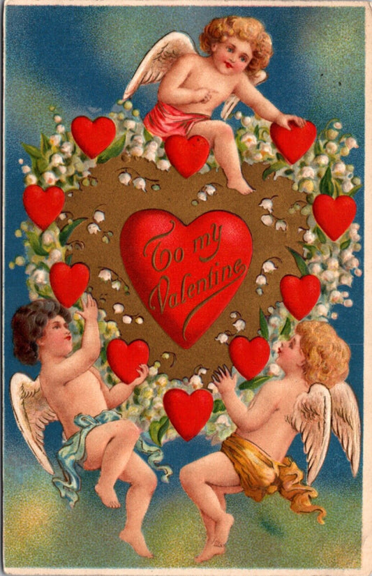 To My Valentine Postcard Three Cherubs Red Gold Hearts White Flowers