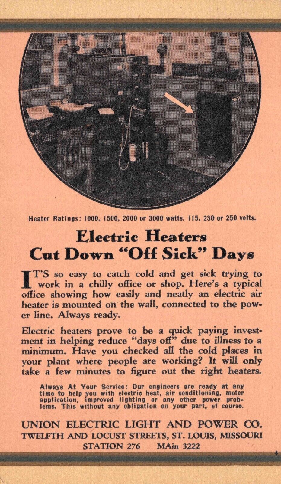 Advertising PC Electric Heaters Union Electric Light & Power St. Louis MO~117506