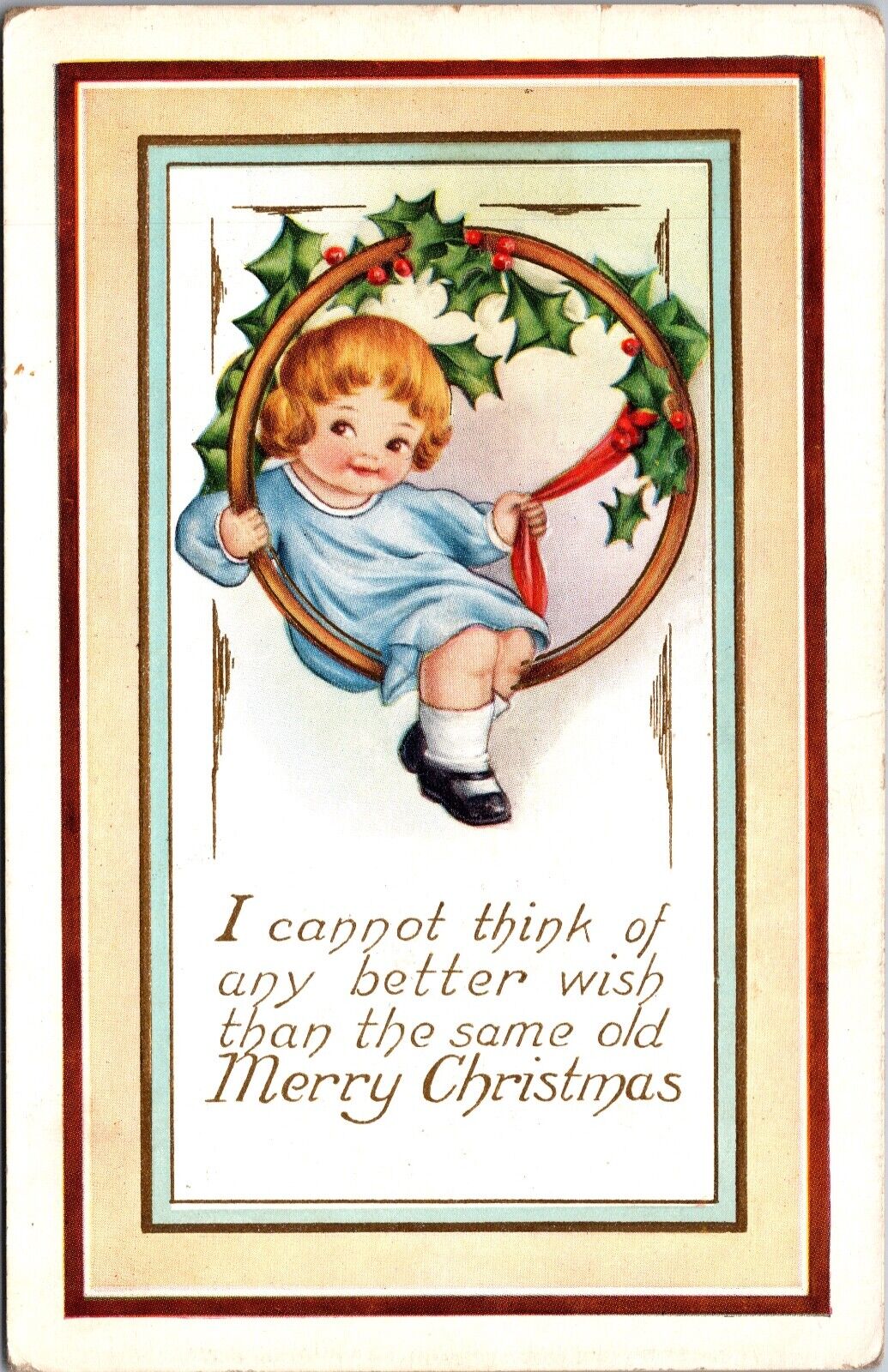 Christmas Postcard Little Child in a Hoop of Holly