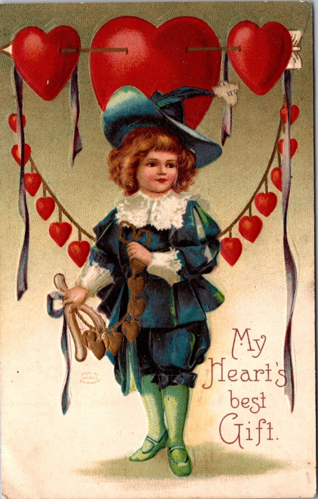 Valentine's Day Postcard Boy with Wishbone Gold Hearts Red Hearts on Arrow