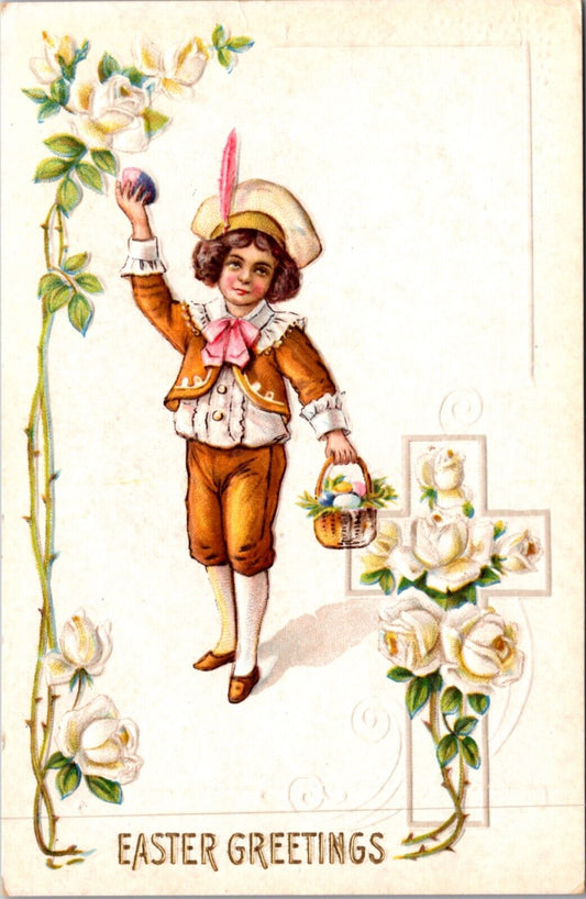 Easter Postcard Cross White Roses Boy Carrying Basket of Colored Eggs Religious