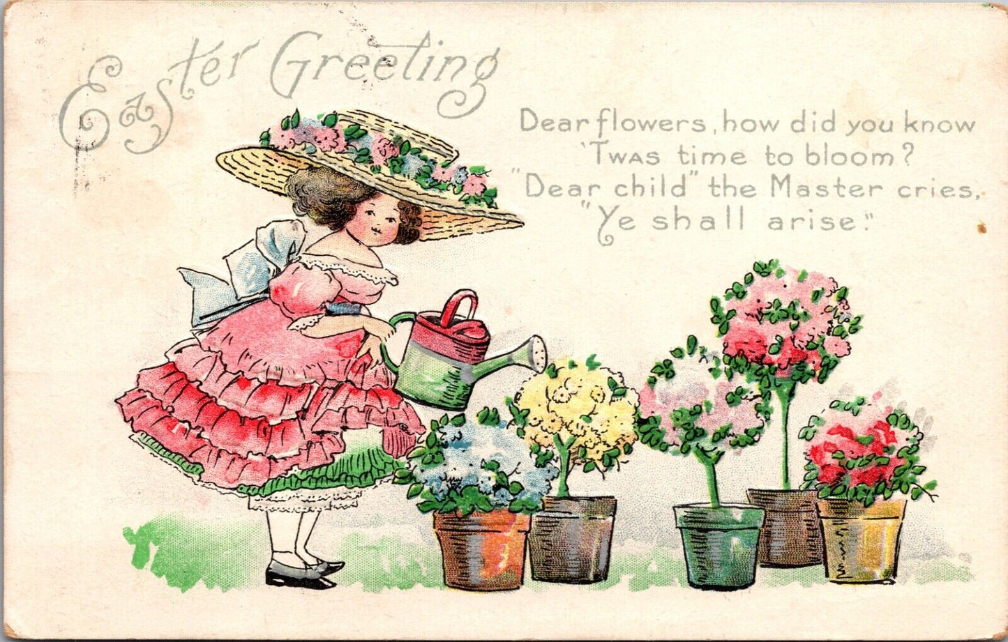 Easter Greetings Postcard Young Girl Watering Flower and Rose Bushes Big Hat