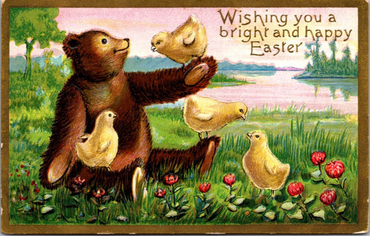 Easter Postcard Teddy Bear and Baby Chickens Chicks Sitting in Grass