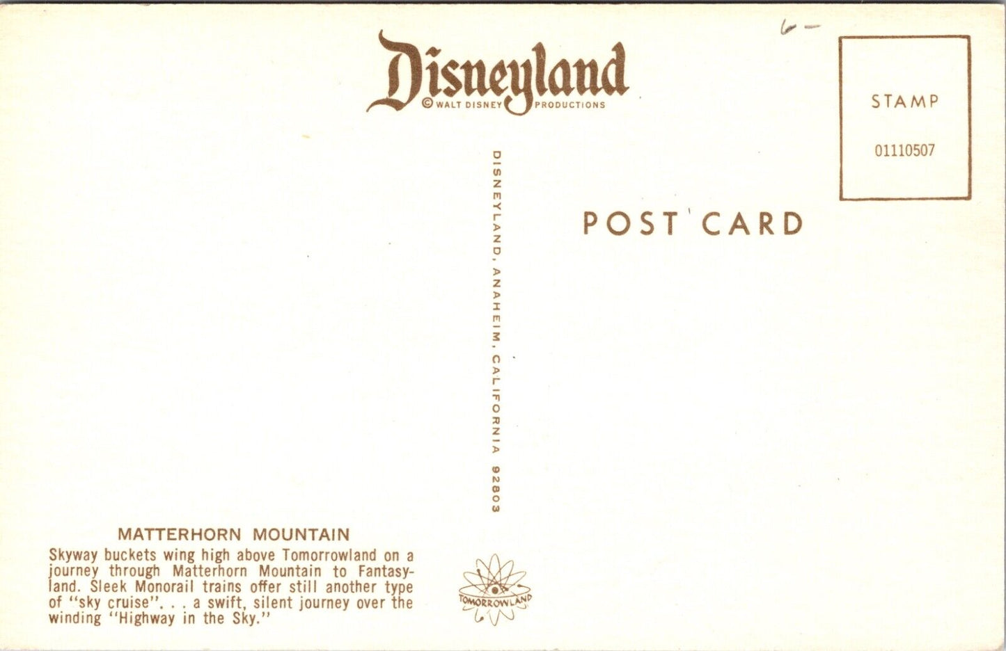 Disneyland Postcard Matterhorn Mountain Skyway Buckets Monorail Tomorrowland