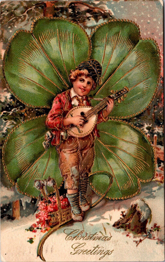 Christmas PC Boy Playing Music Giant Four Leaf Clover Basket of Pink Flowers