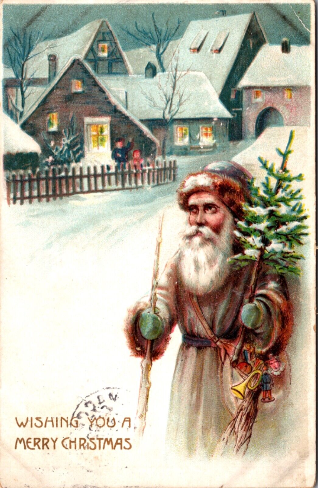 Christmas Postcard Brown Suited Santa Claus Walking Stick Tree Toys Snowy Town